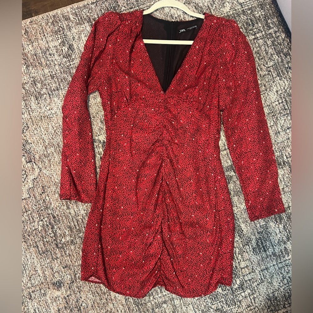 Zara Red Animal Print Ruched Long Sleeve V-Neck Mini Dress Medium